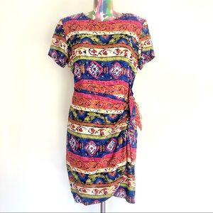 🪴VINTAGE 90s Batik Boho Multicolor Print Faux Wrap Mini Dress